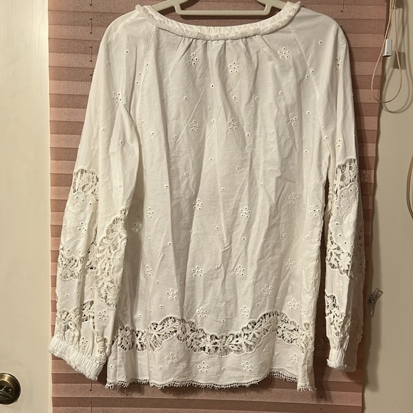 Sundance Top Embroidered Eyelet White Long Sleeve Tassle Tie Boho Blouse Medium - Picture 2 of 11